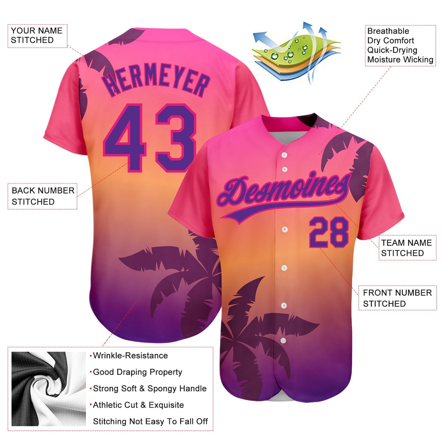 Custom Hot Pink Purple 3D Pattern Design Hawaii Palm Trees Authentic Baseball Jersey view 4