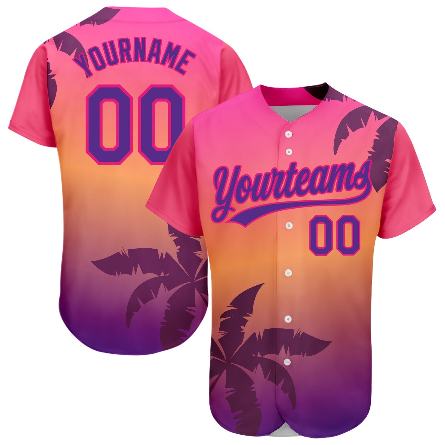 Custom Hot Pink Purple 3D Pattern Design Hawaii Palm Trees Authentic Baseball Jersey - Main View