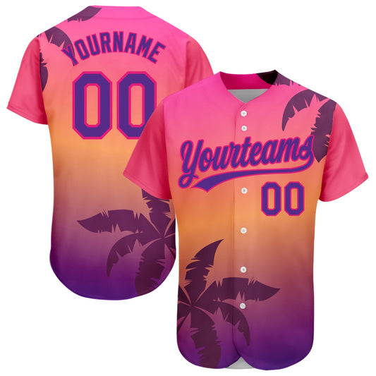 Custom Hot Pink Purple 3D Pattern Design Hawaii Palm Trees Authentic Baseball Jersey - Main View