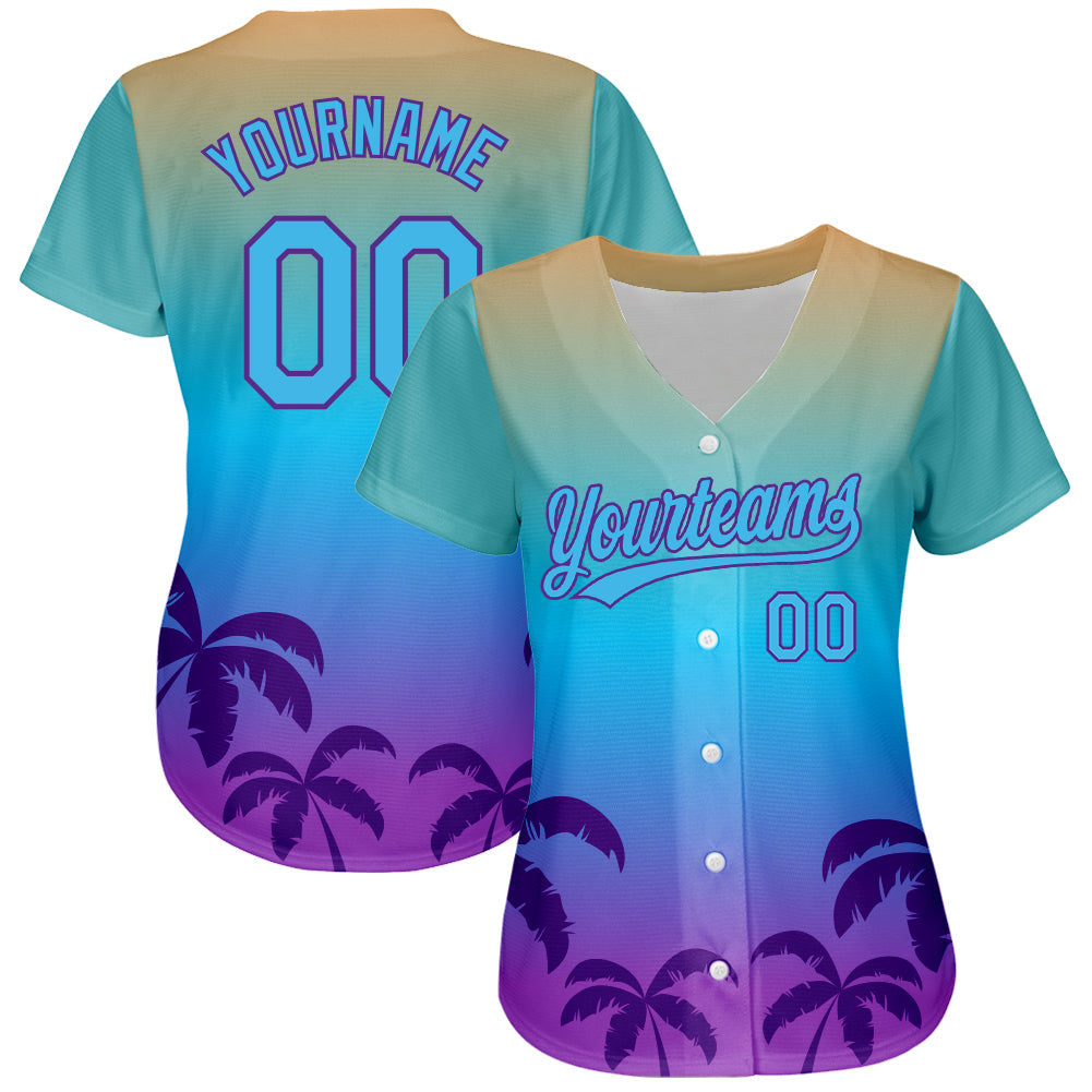 Custom Sky Blue Purple 3D Pattern Design Hawaii Palm Trees Authentic Baseball Jersey view 2
