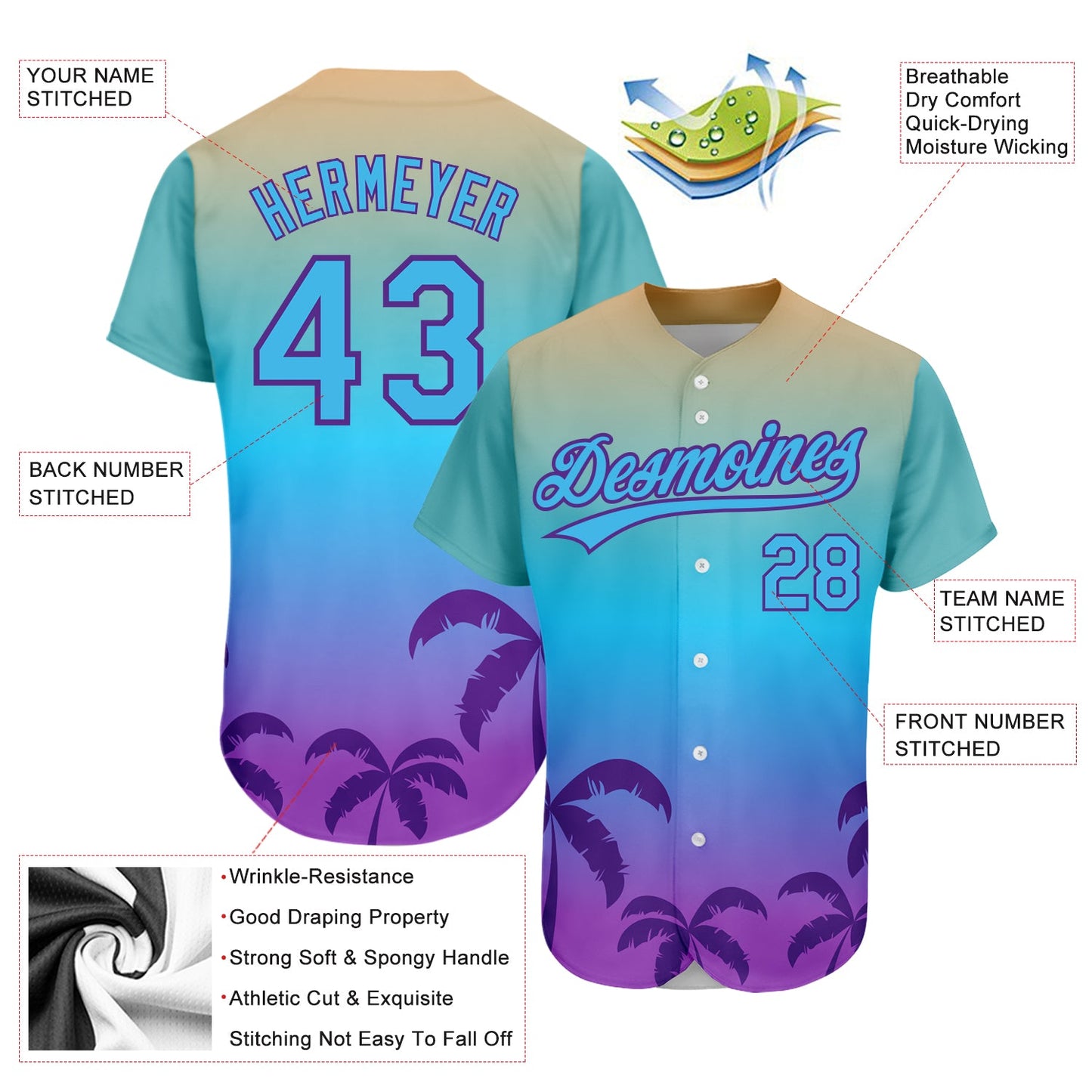 Custom Sky Blue Purple 3D Pattern Design Hawaii Palm Trees Authentic Baseball Jersey view 3