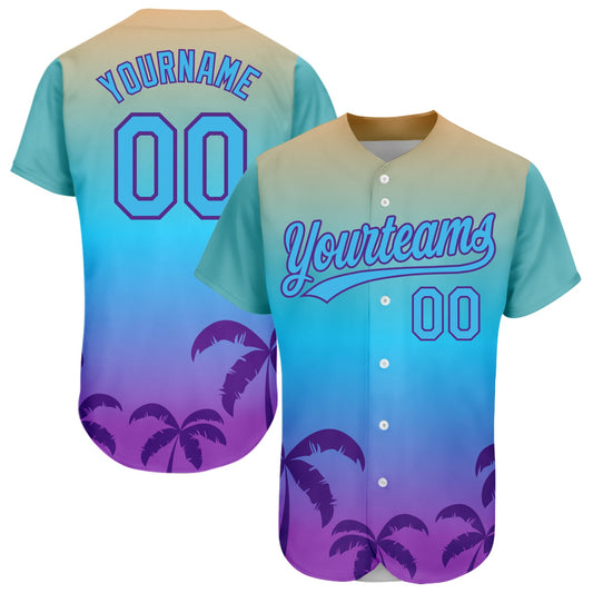 Custom Sky Blue Purple 3D Pattern Design Hawaii Palm Trees Authentic Baseball Jersey - Main View