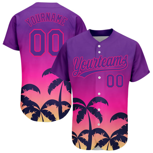Custom Purple Hot Pink 3D Pattern Design Hawaii Palm Trees Authentic Baseball Jersey - Main View