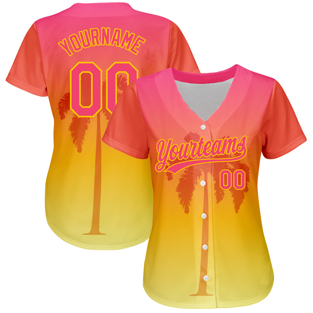 Custom Neon Pink Yellow 3D Pattern Design Hawaii Palm Trees Authentic Baseball Jersey view 2