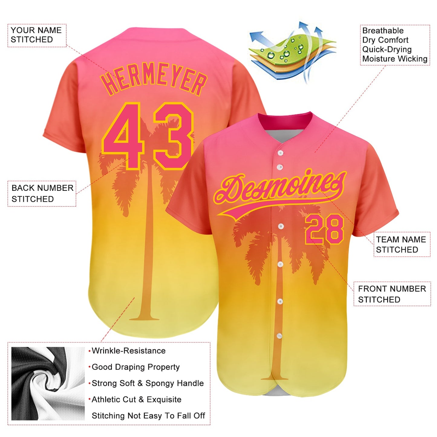 Custom Neon Pink Yellow 3D Pattern Design Hawaii Palm Trees Authentic Baseball Jersey view 3