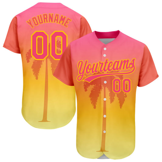 Custom Neon Pink Yellow 3D Pattern Design Hawaii Palm Trees Authentic Baseball Jersey - Main View