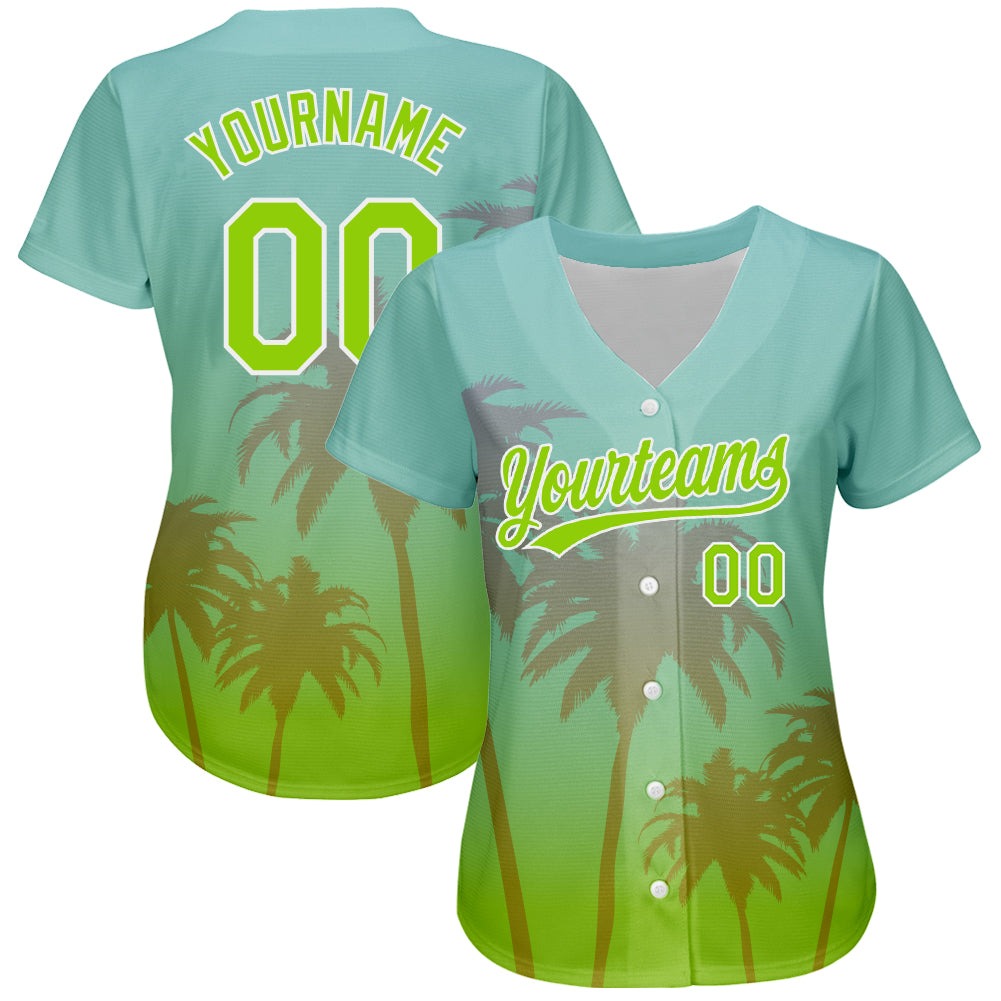 Custom Aqua Neon Green-White 3D Pattern Design Hawaii Palm Trees Authentic Baseball Jersey view 2