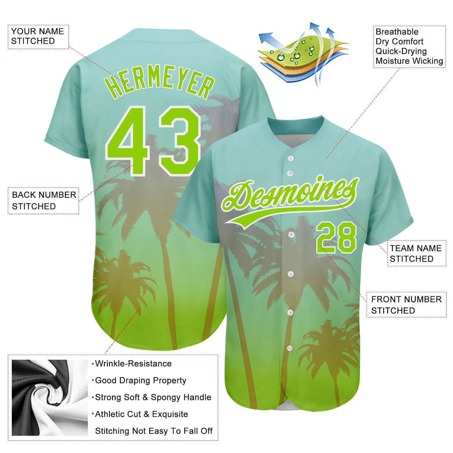Custom Aqua Neon Green-White 3D Pattern Design Hawaii Palm Trees Authentic Baseball Jersey view 3