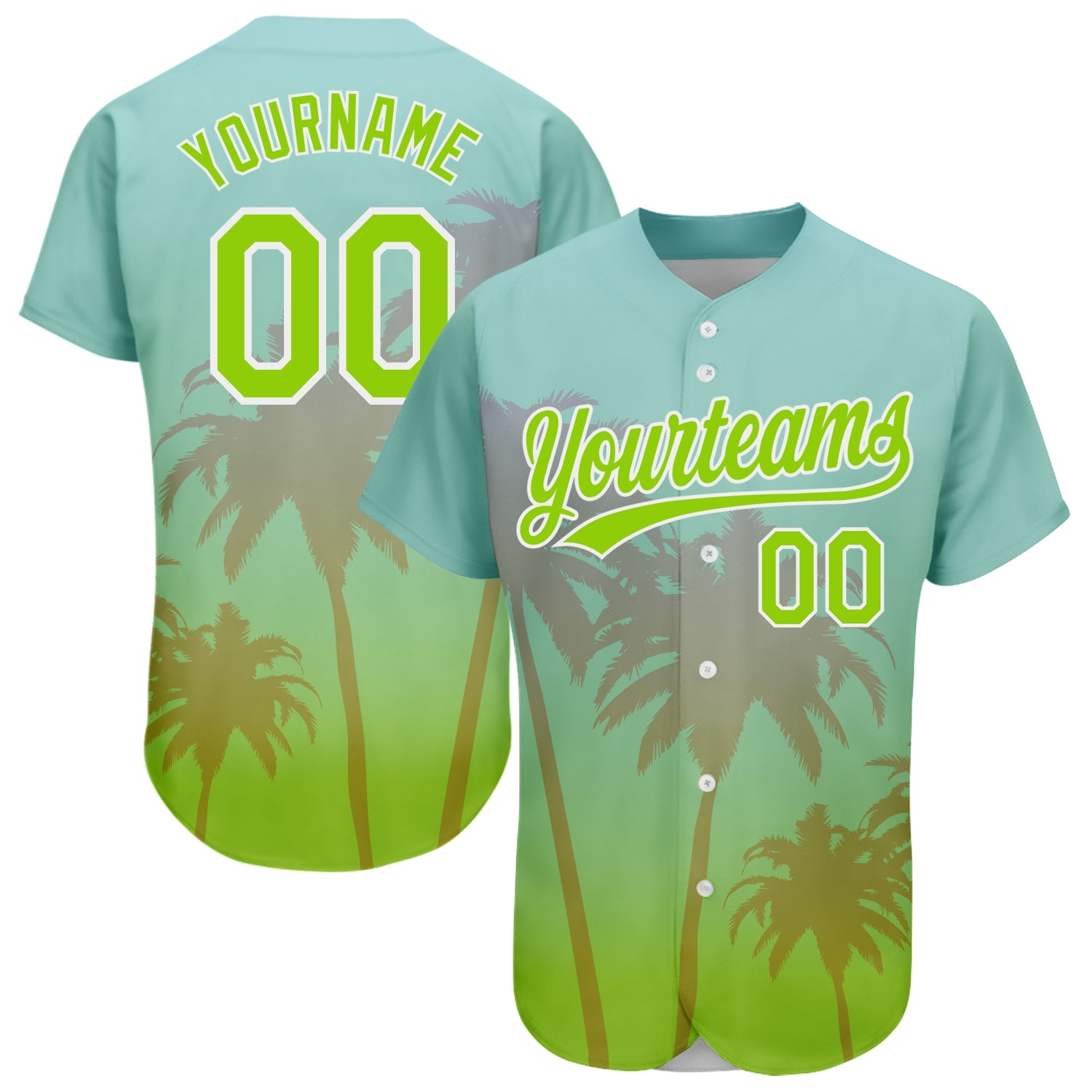 Custom Aqua Neon Green-White 3D Pattern Design Hawaii Palm Trees Authentic Baseball Jersey - Main View
