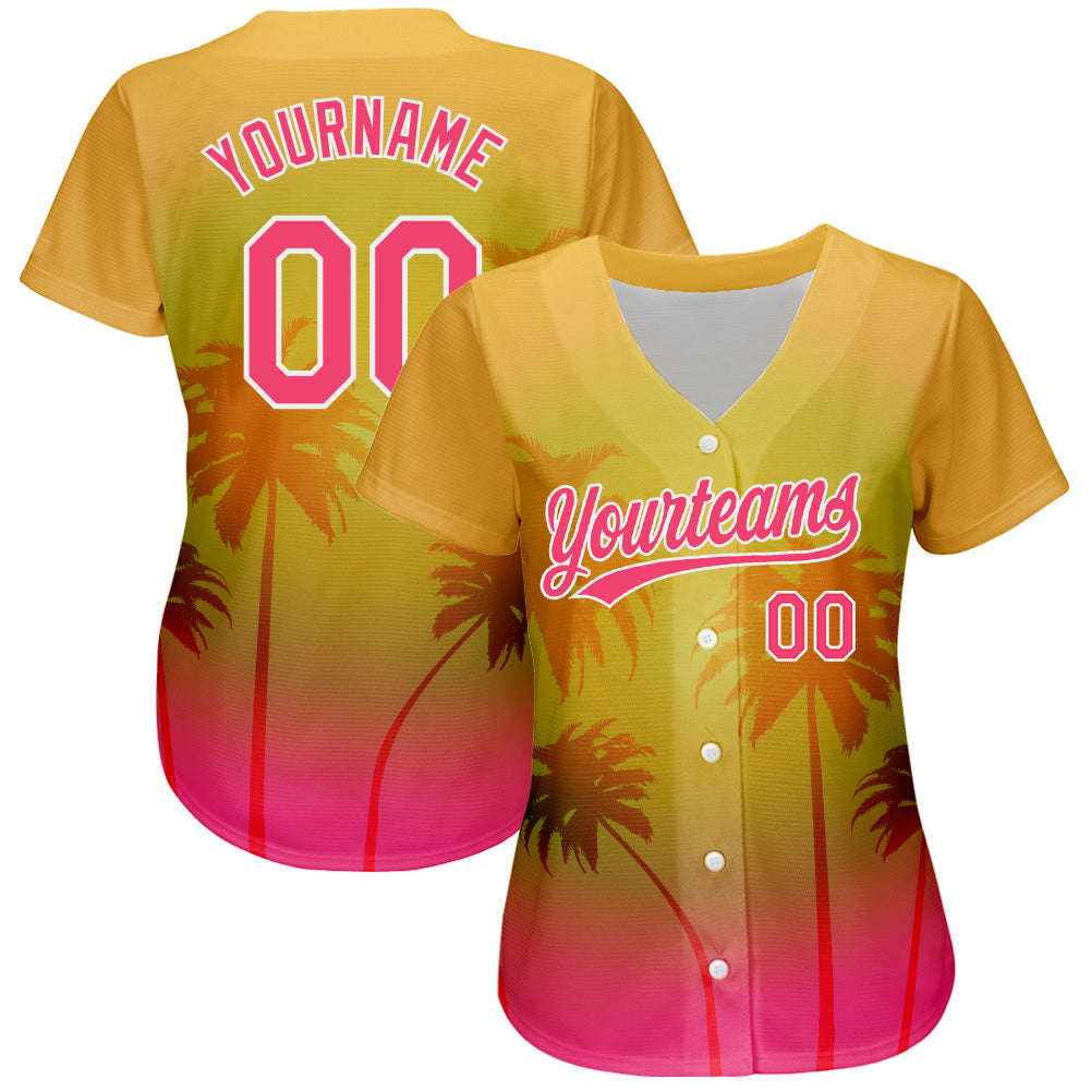 Custom Gold Neon Pink-White 3D Pattern Design Hawaii Palm Trees Authentic Baseball Jersey view 2
