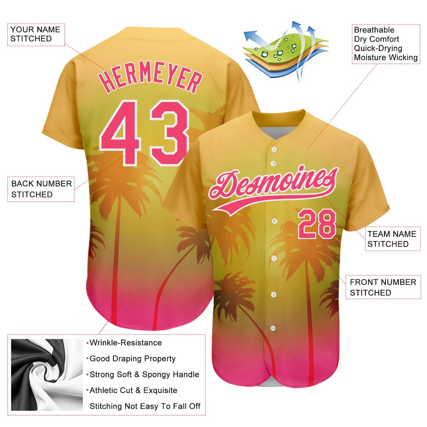 Custom Gold Neon Pink-White 3D Pattern Design Hawaii Palm Trees Authentic Baseball Jersey view 3