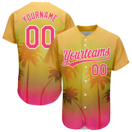 Custom Gold Neon Pink-White 3D Pattern Design Hawaii Palm Trees Authentic Baseball Jersey - Main View