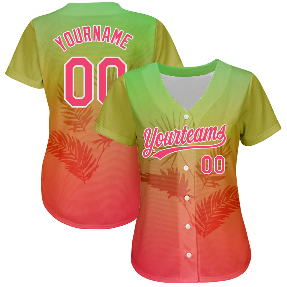 Custom Neon Green Neon Pink-White 3D Pattern Design Hawaii Palm Leaves Authentic Baseball Jersey view 2