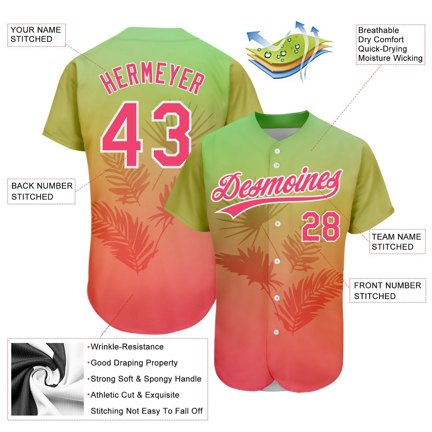 Custom Neon Green Neon Pink-White 3D Pattern Design Hawaii Palm Leaves Authentic Baseball Jersey view 3