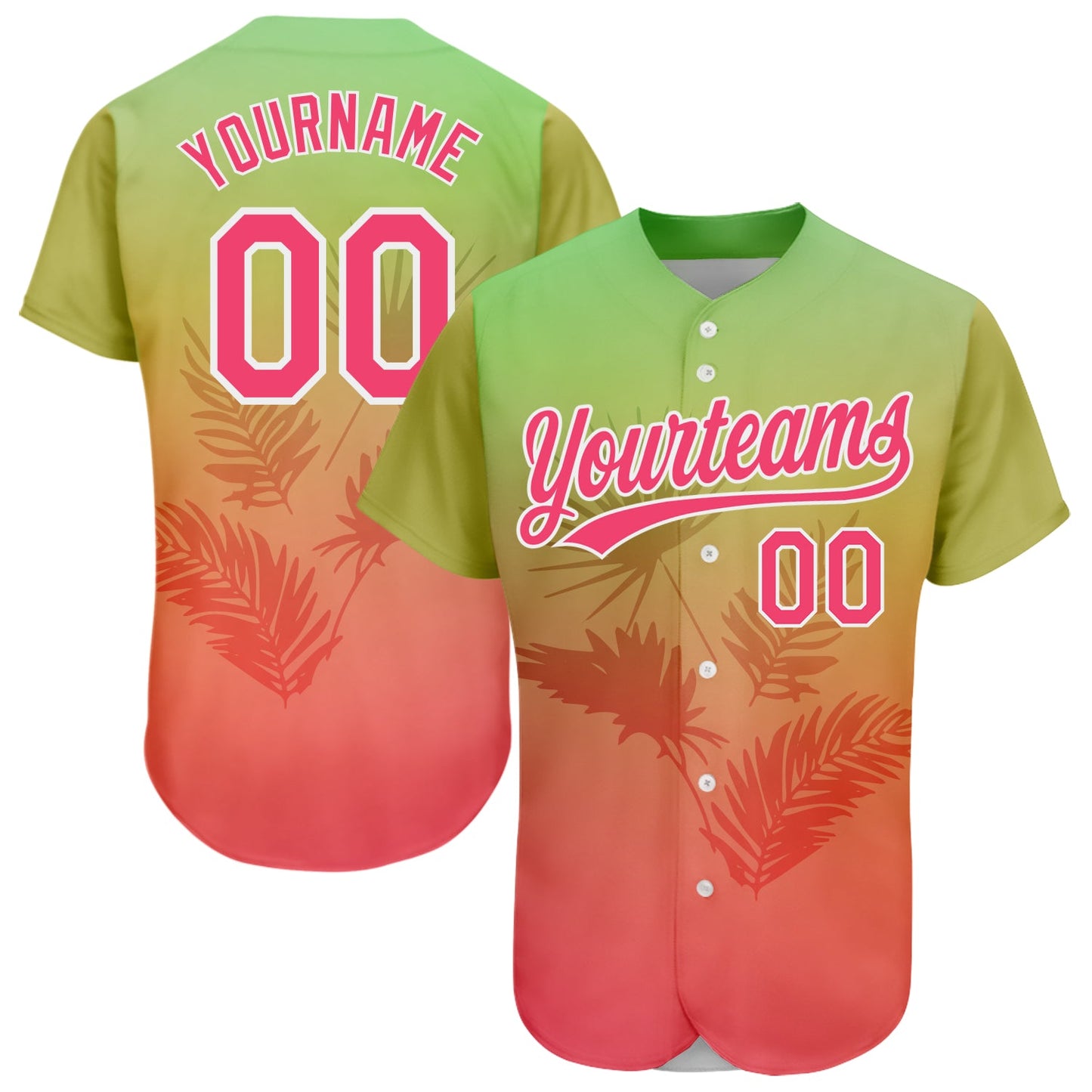 Custom Neon Green Neon Pink-White 3D Pattern Design Hawaii Palm Leaves Authentic Baseball Jersey - Main View