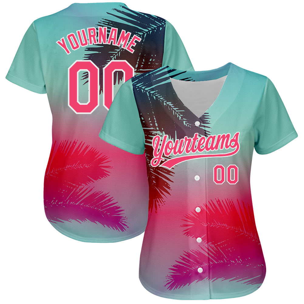 Custom Aqua Neon Pink-White 3D Pattern Design Hawaii Palm Leaves Authentic Baseball Jersey view 2