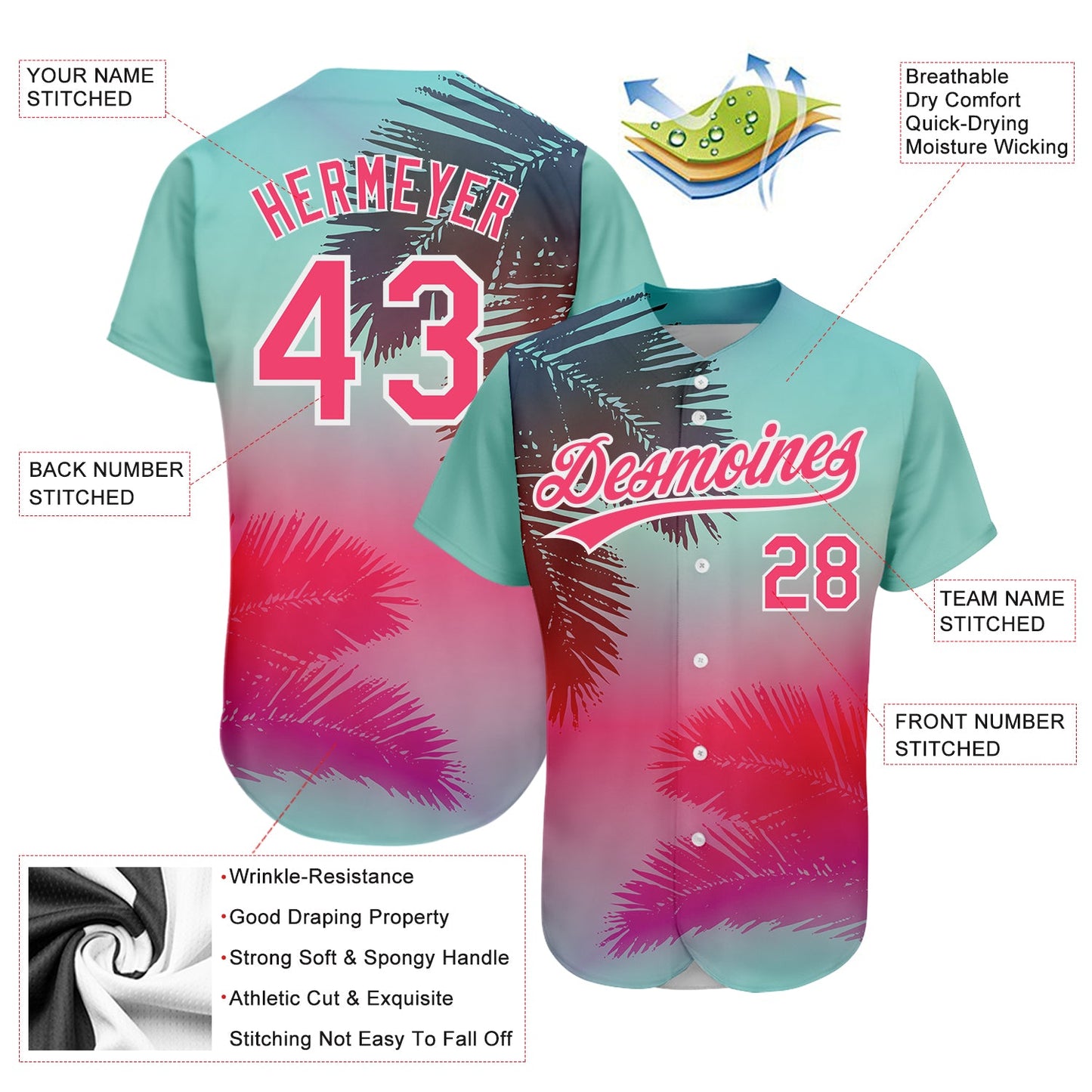 Custom Aqua Neon Pink-White 3D Pattern Design Hawaii Palm Leaves Authentic Baseball Jersey view 3
