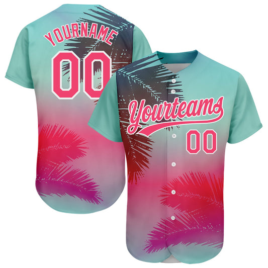 Custom Aqua Neon Pink-White 3D Pattern Design Hawaii Palm Leaves Authentic Baseball Jersey - Main View