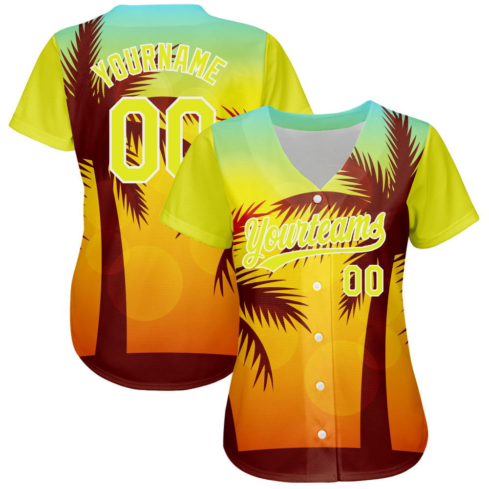 Custom Gold Neon Yellow-White 3D Pattern Design Hawaii Palm Trees Authentic Baseball Jersey view 2