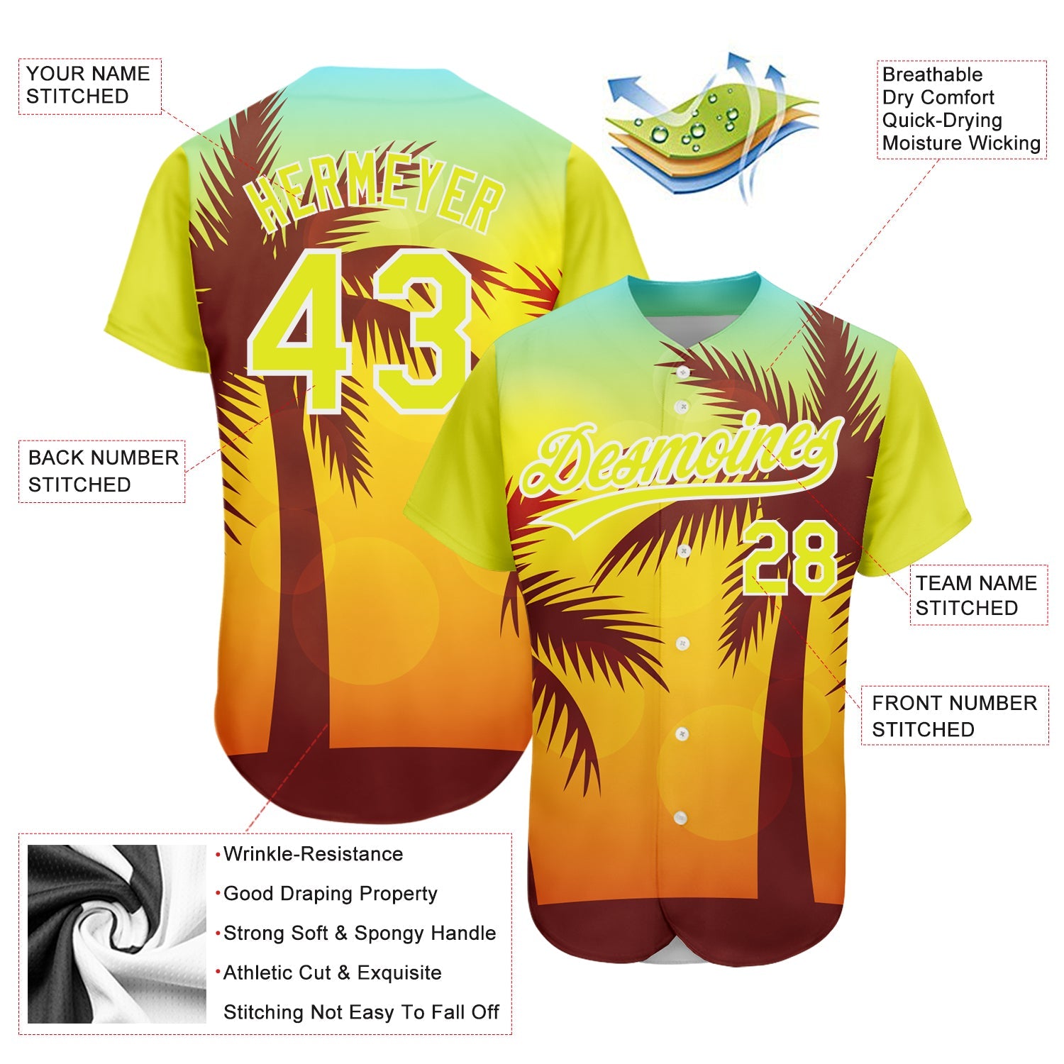 Custom Gold Neon Yellow-White 3D Pattern Design Hawaii Palm Trees Authentic Baseball Jersey view 3