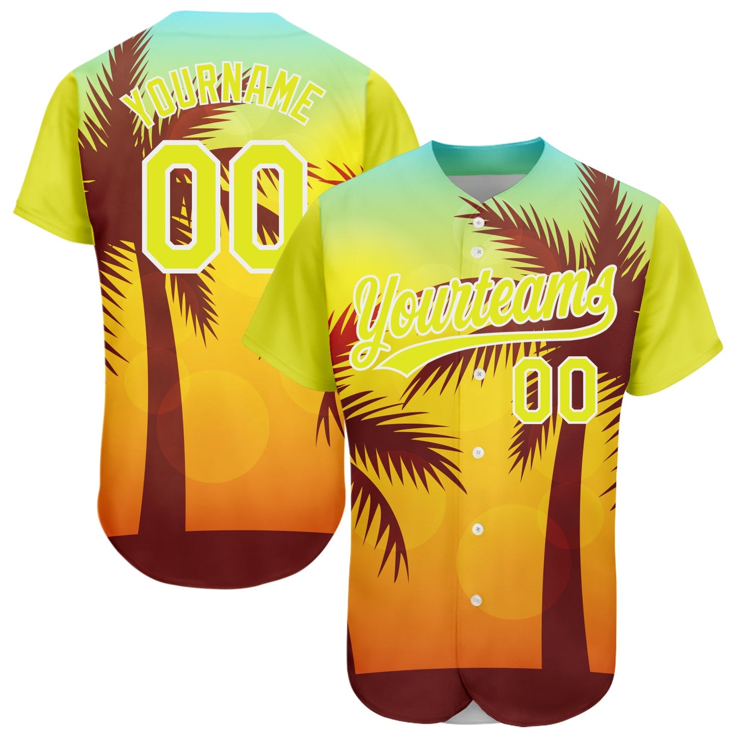 Custom Gold Neon Yellow-White 3D Pattern Design Hawaii Palm Trees Authentic Baseball Jersey - Main View