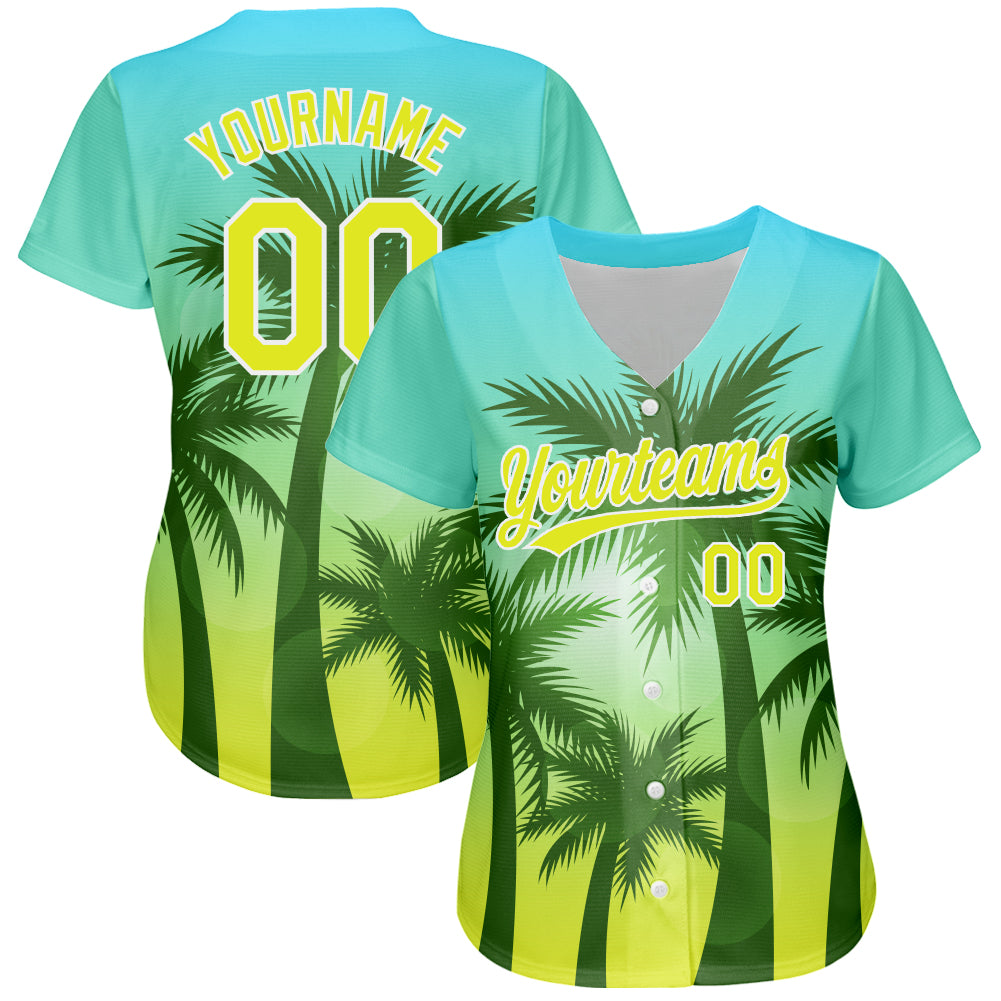 Custom Light Blue Neon Yellow-White 3D Pattern Design Hawaii Palm Trees Authentic Baseball Jersey view 2