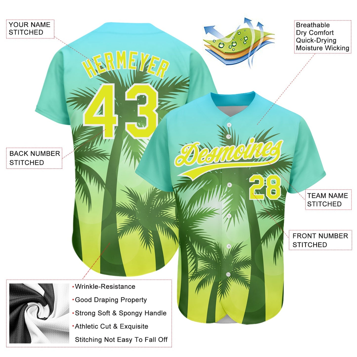 Custom Light Blue Neon Yellow-White 3D Pattern Design Hawaii Palm Trees Authentic Baseball Jersey view 3