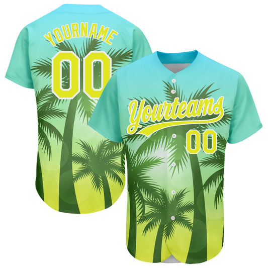 Custom Light Blue Neon Yellow-White 3D Pattern Design Hawaii Palm Trees Authentic Baseball Jersey - Main View