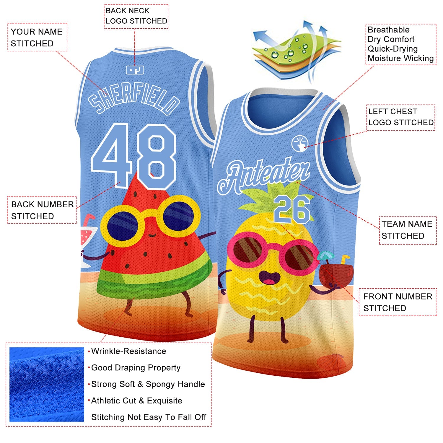 Custom Light Blue White 3D Pattern Summer Beach Holiday Authentic Basketball Jersey view 2