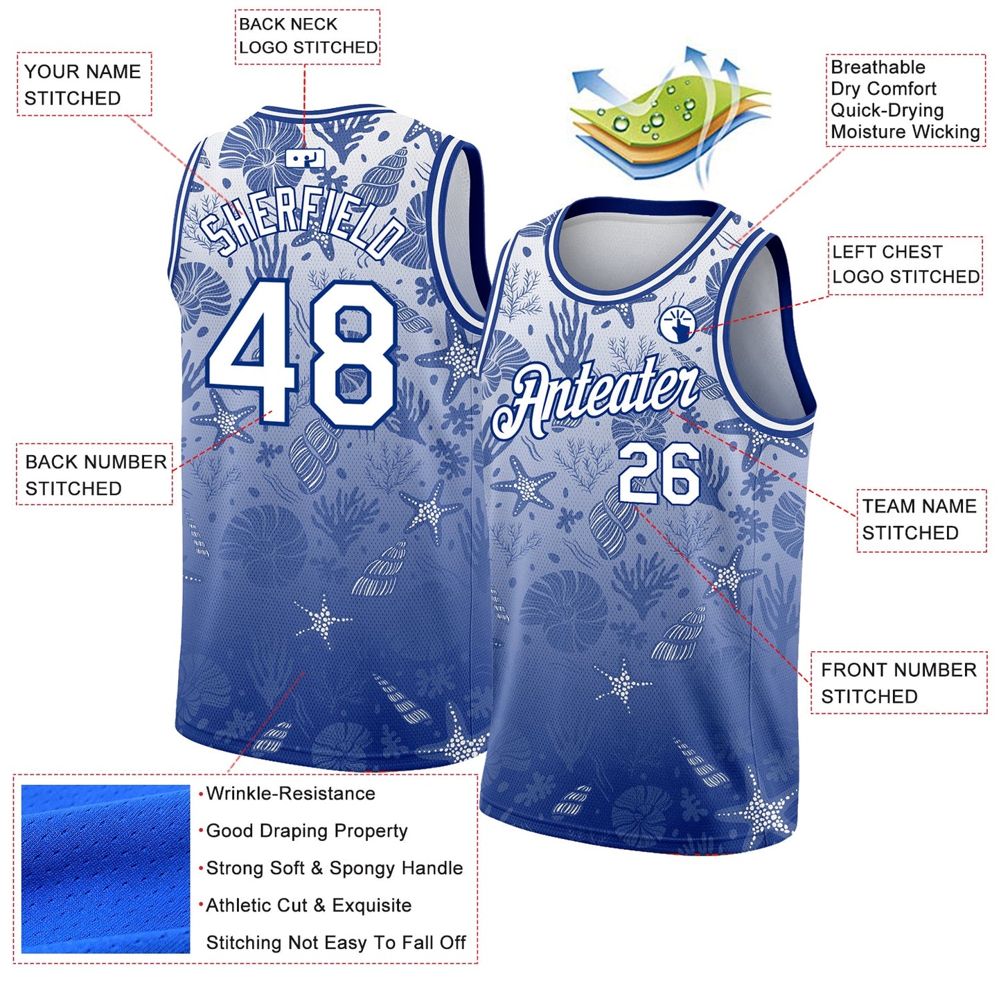 Custom Royal White 3D Pattern Design Seashells And Starfishes Authentic Basketball Jersey view 2