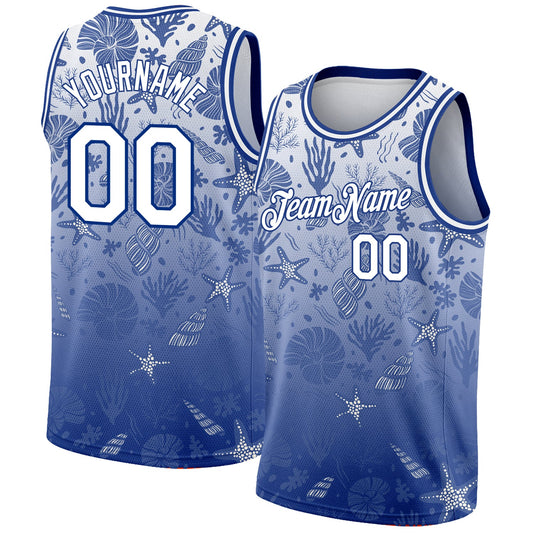 Custom Royal White 3D Pattern Design Seashells And Starfishes Authentic Basketball Jersey - Main View