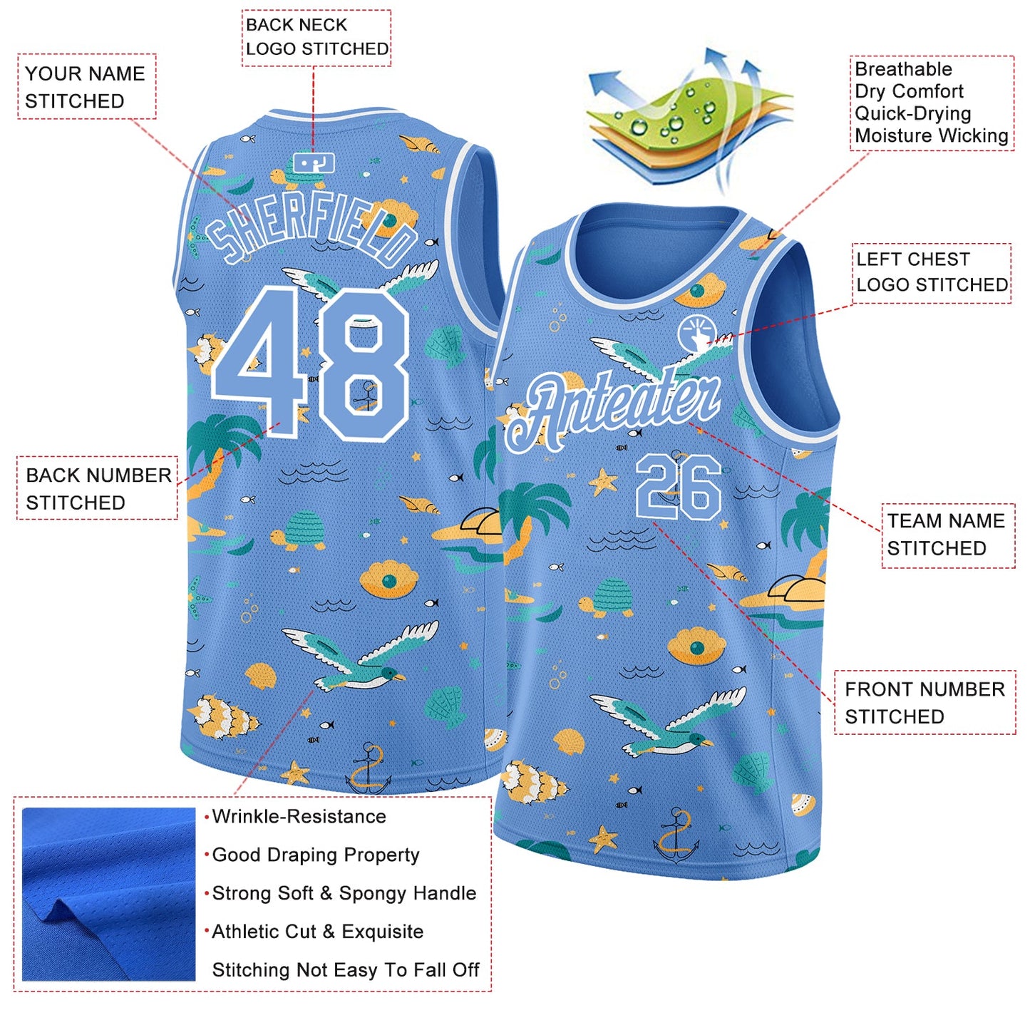 Custom Light Blue White 3D Pattern Hawaii Beach Palm Trees Authentic Basketball Jersey view 2