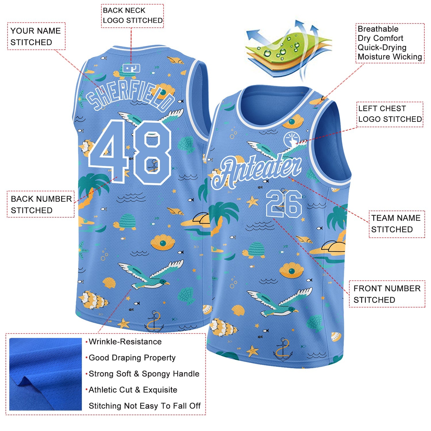 Custom Light Blue White 3D Pattern Hawaii Beach Palm Trees Authentic Basketball Jersey view 2