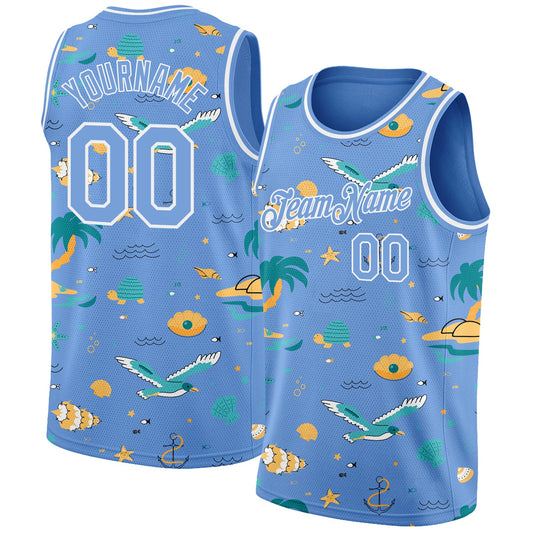 Custom Light Blue White 3D Pattern Hawaii Beach Palm Trees Authentic Basketball Jersey - Main View