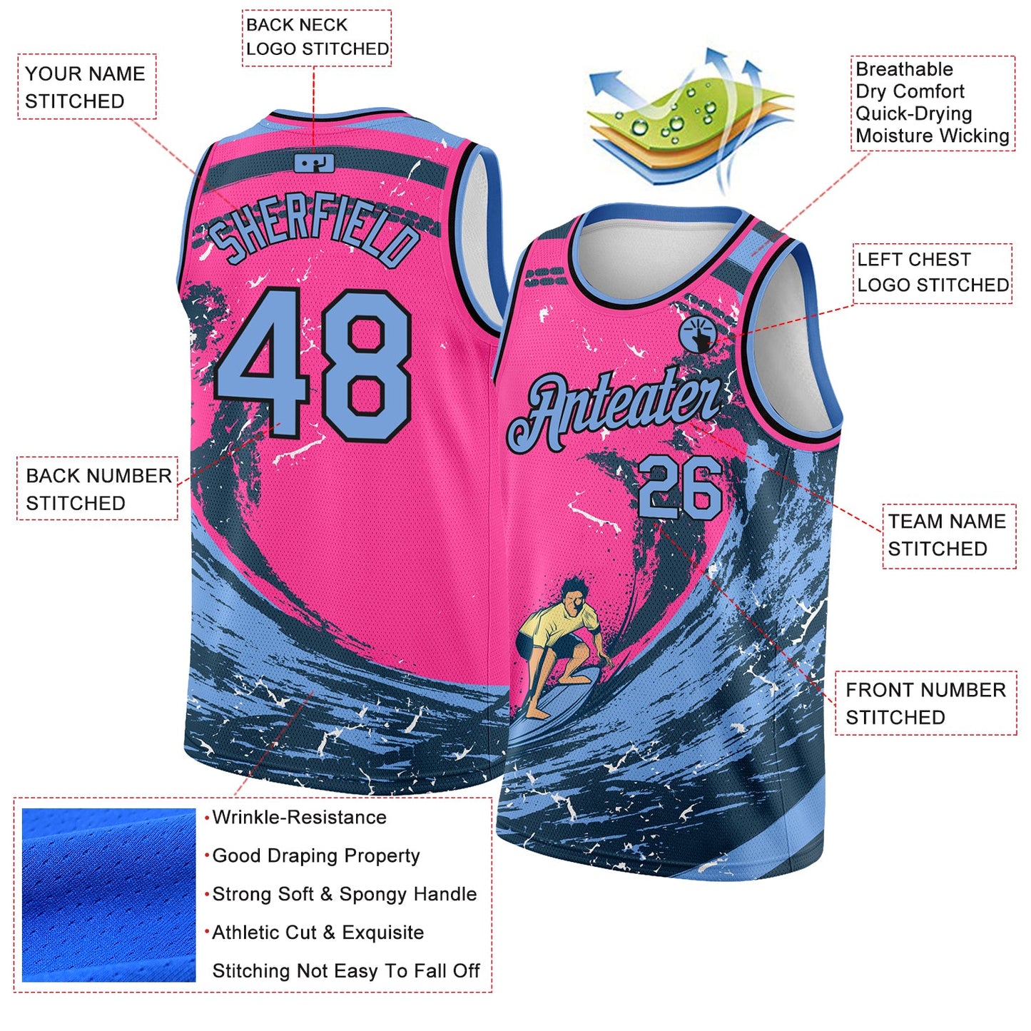 Custom Pink Light Blue-Black 3D Pattern Summer Beach Surfing Authentic Basketball Jersey view 2
