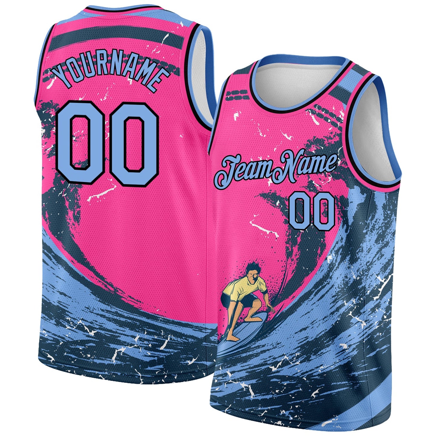 Custom Pink Light Blue-Black 3D Pattern Summer Beach Surfing Authentic Basketball Jersey - Main View