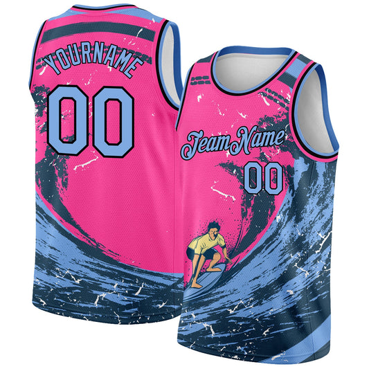Custom Pink Light Blue-Black 3D Pattern Summer Beach Surfing Authentic Basketball Jersey - Main View