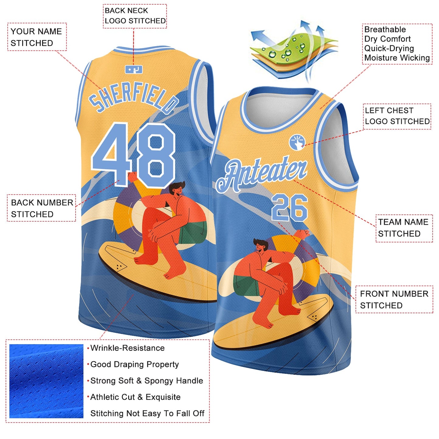 Custom Gold Light Blue-White 3D Pattern Summer Beach Surfing Authentic Basketball Jersey view 2