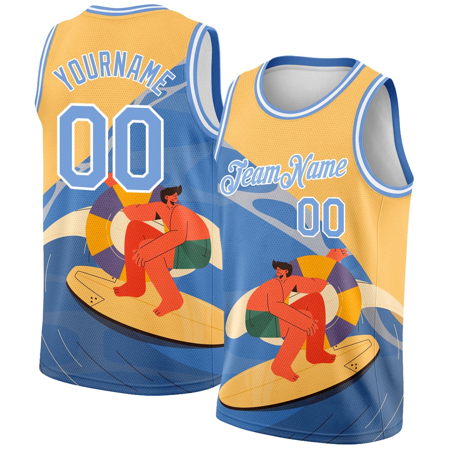 Custom Gold Light Blue-White 3D Pattern Summer Beach Surfing Authentic Basketball Jersey - Main View