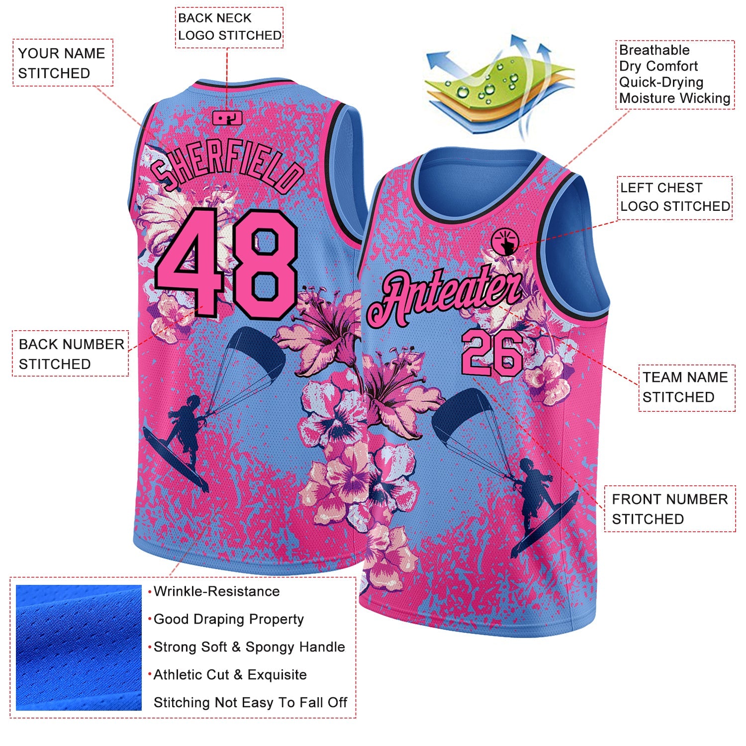 Custom Light Blue Pink-Black 3D Pattern Flowers And Beach Surfing Authentic Basketball Jersey view 2