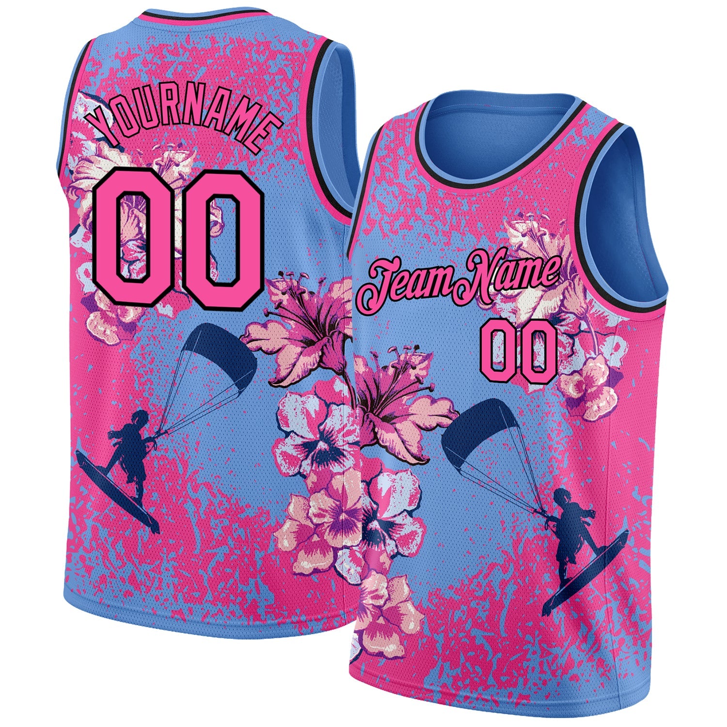 Custom Light Blue Pink-Black 3D Pattern Flowers And Beach Surfing Authentic Basketball Jersey - Main View