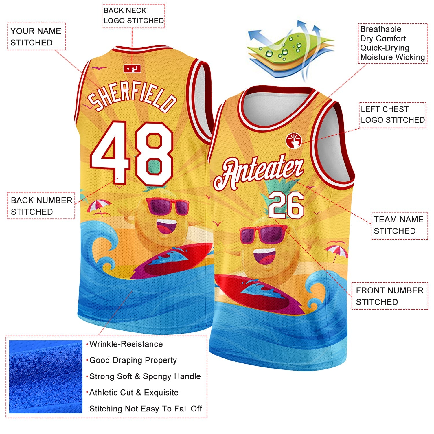 Custom Gold White-Red 3D Pattern Summer Beach Surfing Authentic Basketball Jersey view 2