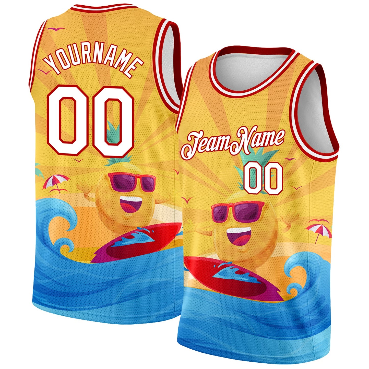 Custom Gold White-Red 3D Pattern Summer Beach Surfing Authentic Basketball Jersey - Main View