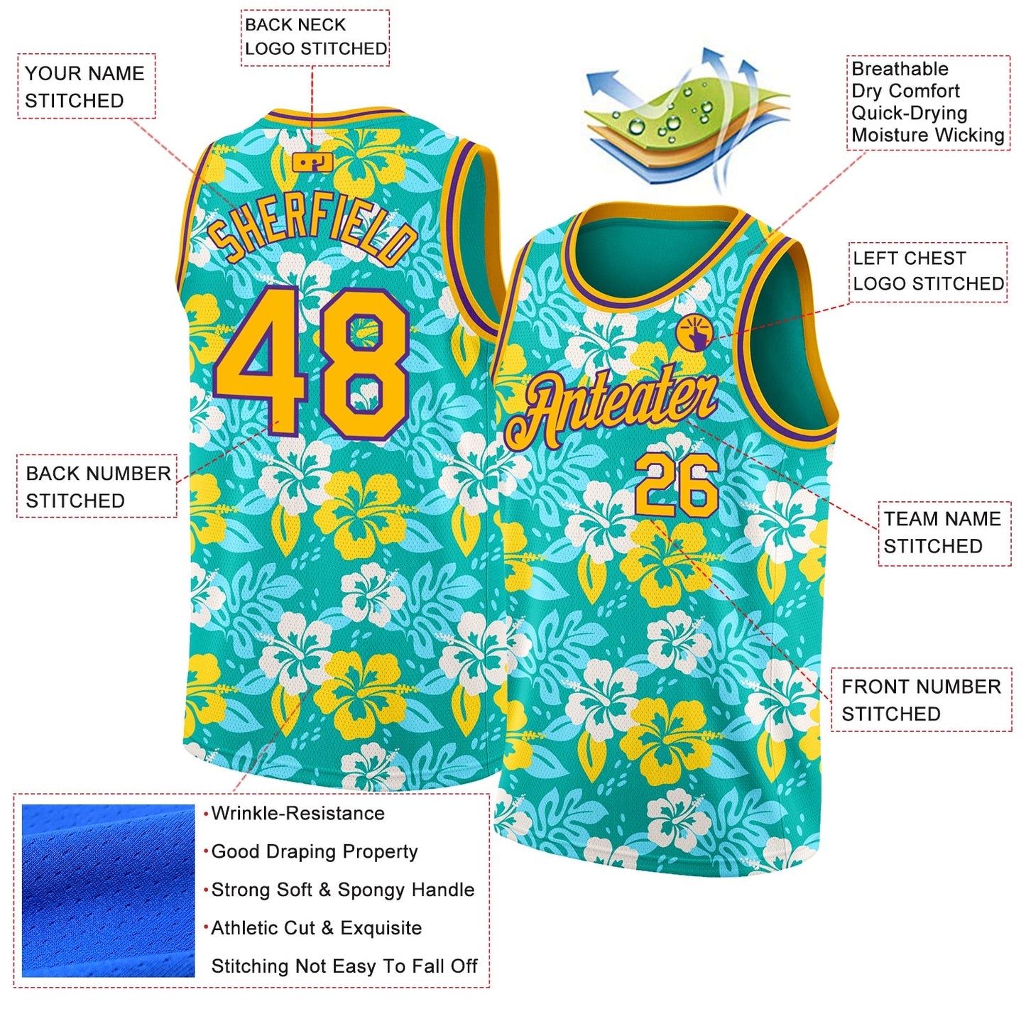 Custom Aqua Gold-Purple 3D Pattern Hawaii Flowers Authentic Basketball Jersey view 2