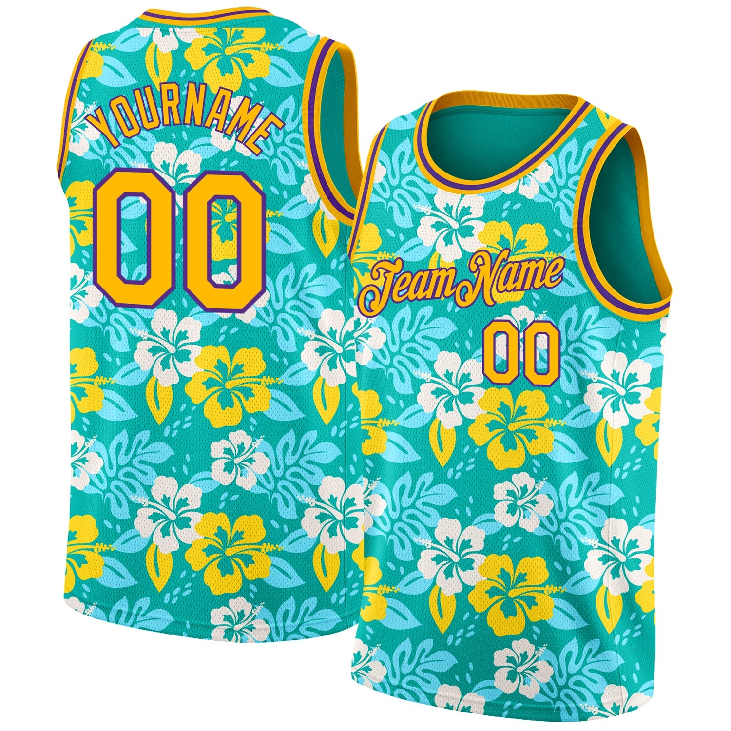 Custom Aqua Gold-Purple 3D Pattern Hawaii Flowers Authentic Basketball Jersey - Main View