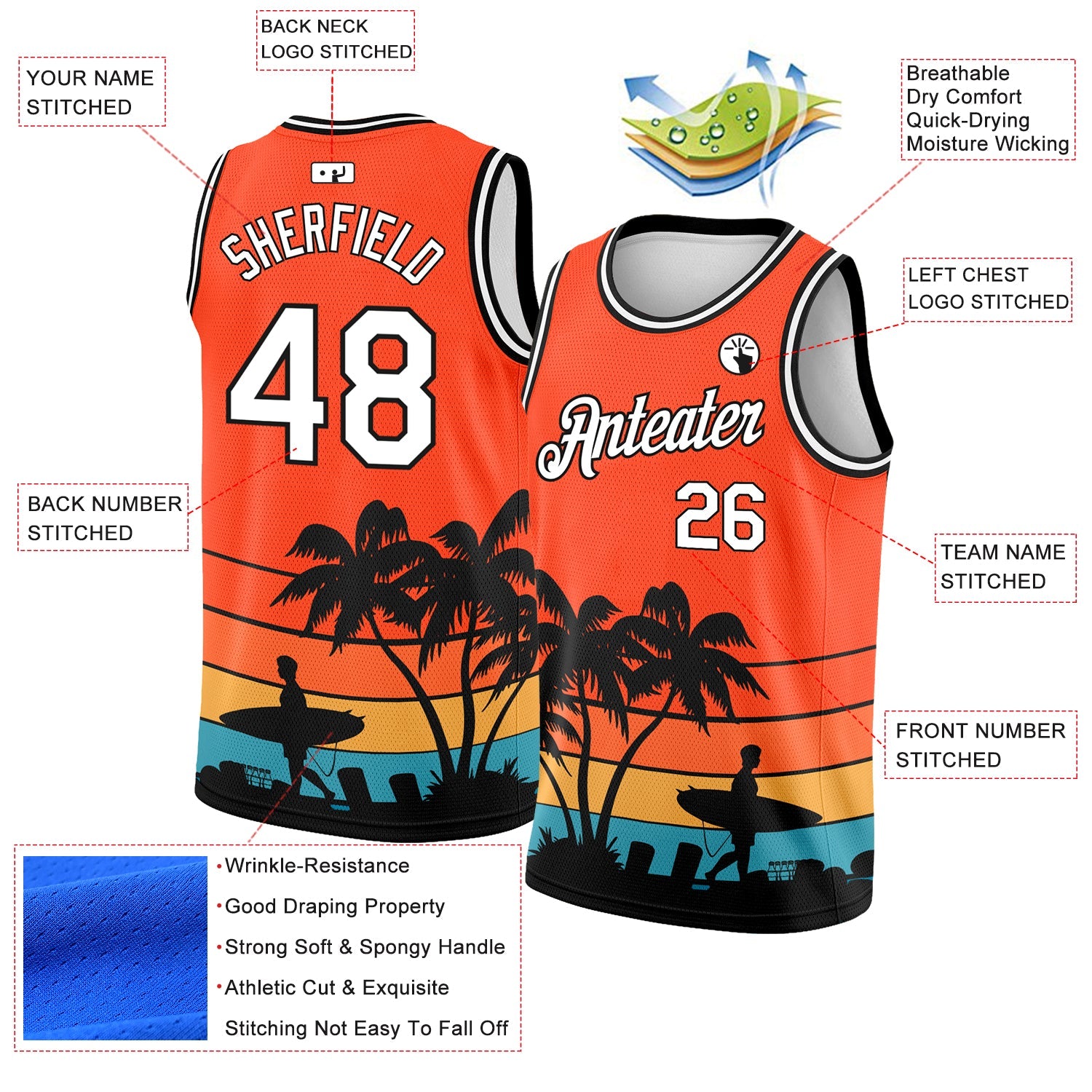 Custom Orange White-Black 3D Pattern Hawaii Beach Palm Trees Authentic Basketball Jersey view 2