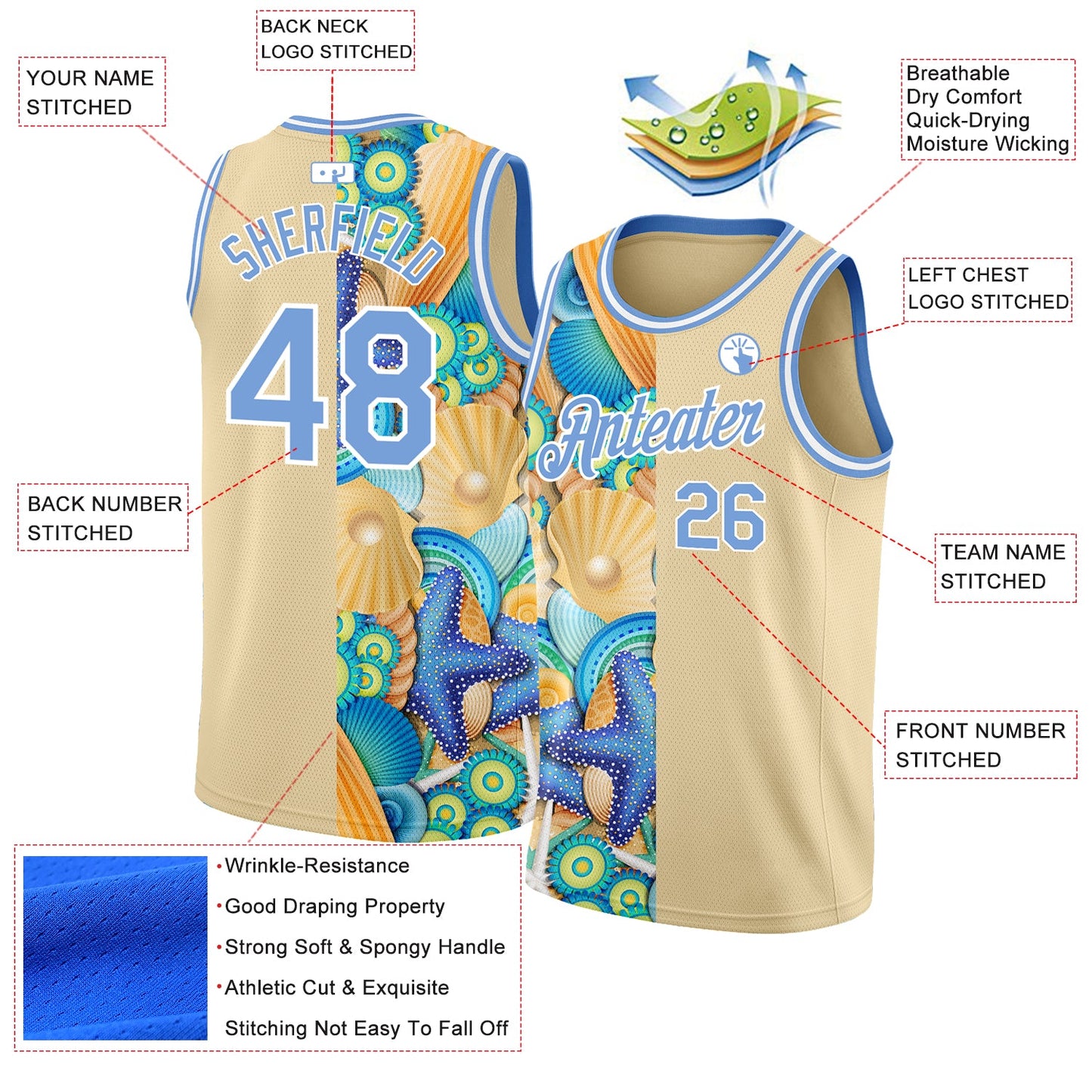 Custom City Cream Light Blue-White 3D Pattern Beach Seashells And Starfishes Authentic Basketball Jersey view 2