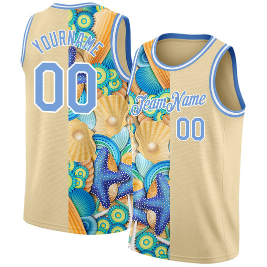 Custom City Cream Light Blue-White 3D Pattern Beach Seashells And Starfishes Authentic Basketball Jersey - Main View
