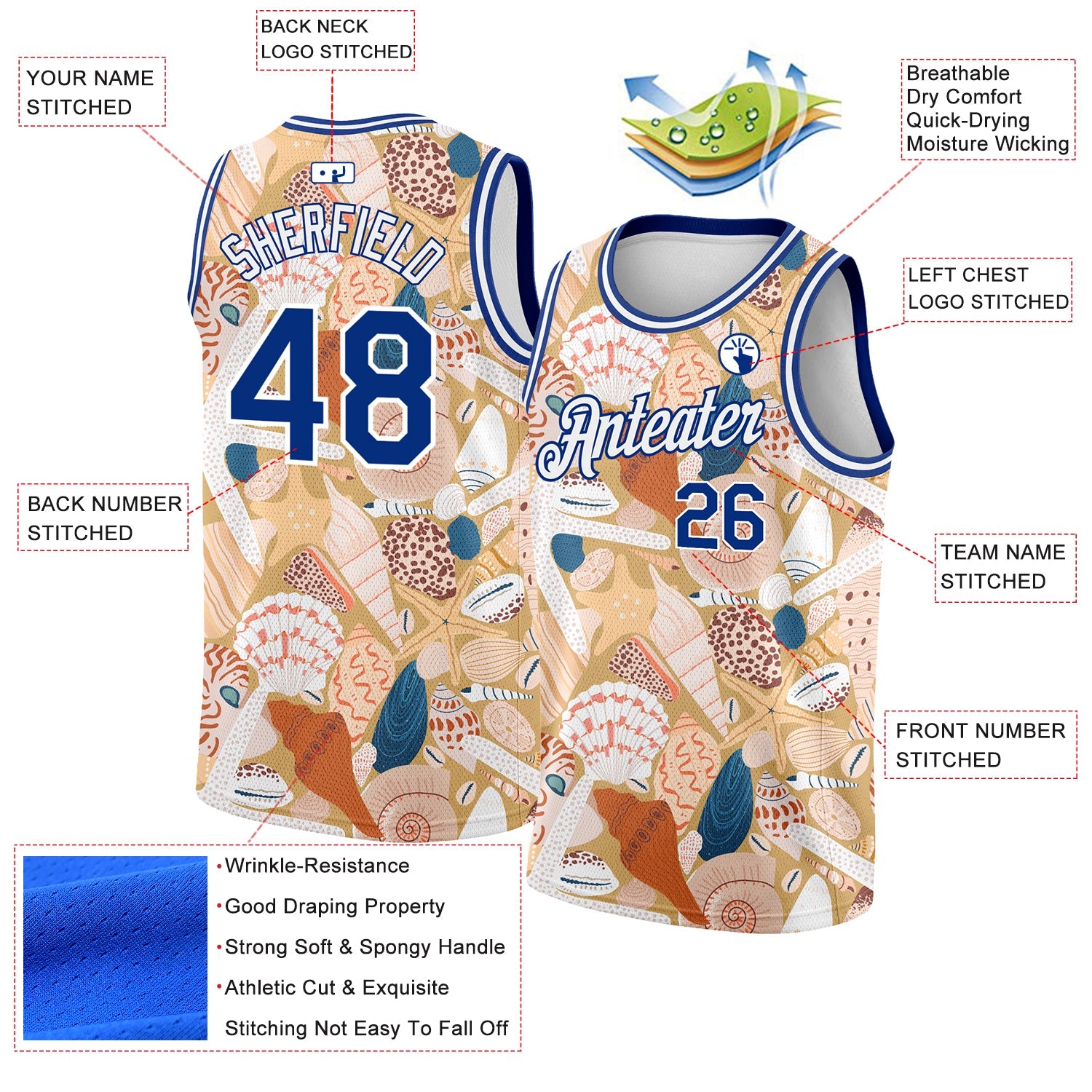 Custom City Cream Royal-White 3D Pattern Beach Seashells And Starfishes Authentic Basketball Jersey view 2