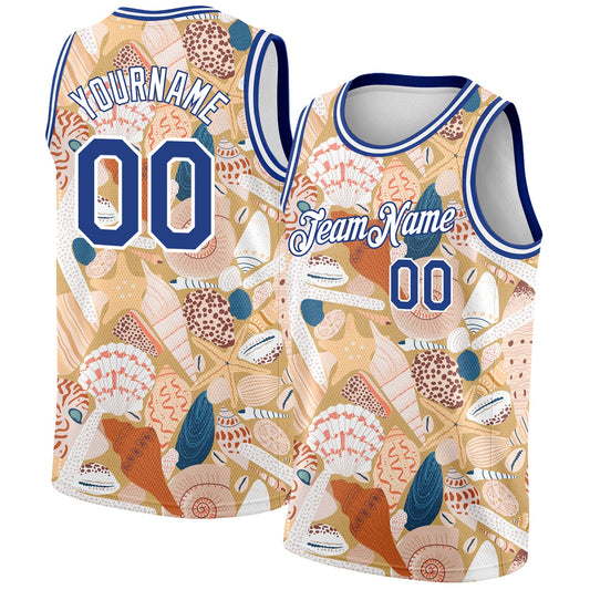 Custom City Cream Royal-White 3D Pattern Beach Seashells And Starfishes Authentic Basketball Jersey - Main View